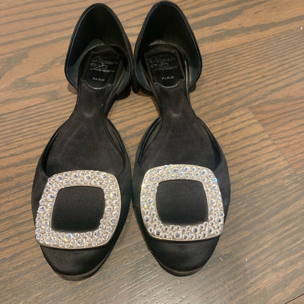 Roger Vivier Black Satin Trompette Crystals d' Orsay Ballet Flats